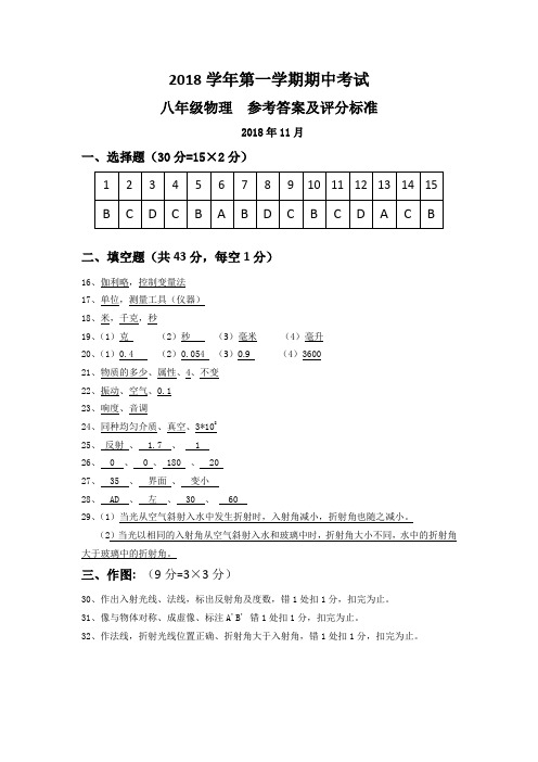 2018学年第1学期期中考试物理试卷参考答案