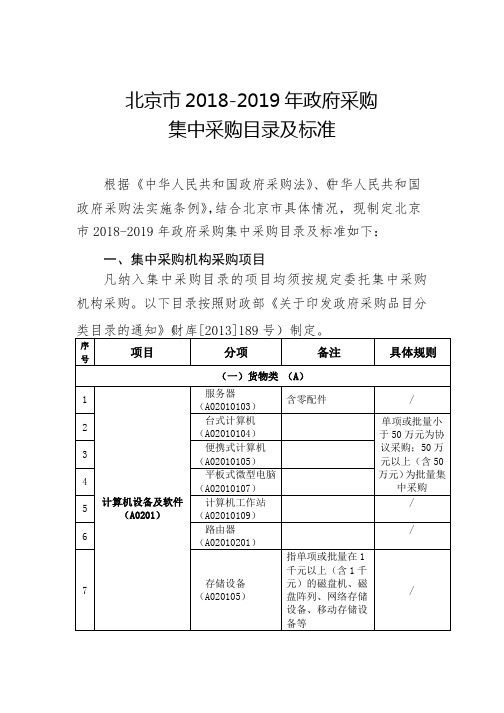 北京市2018-2019年政府采购集中采目录及标