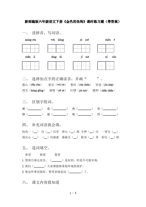 新部编版六年级语文下册《金色的鱼钩》课时练习题(带答案)