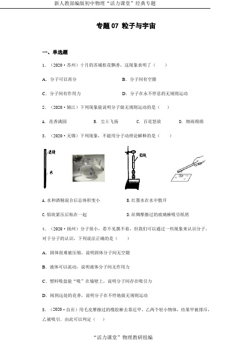 中考物理精选考点专项突破专题07 粒子与宇宙(原卷版)