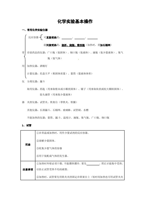 沪教版化学-九年级上册-第一章 化学实验基本操作复习提纲沪教版