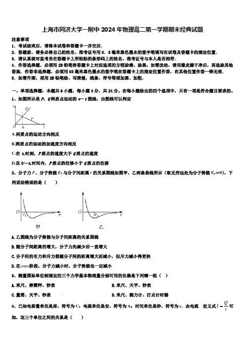 上海市同济大学一附中2024年物理高二第一学期期末经典试题含解析