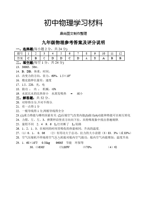 苏科版九年级物理上册～第一学期期中考试物理试卷参考答案.docx