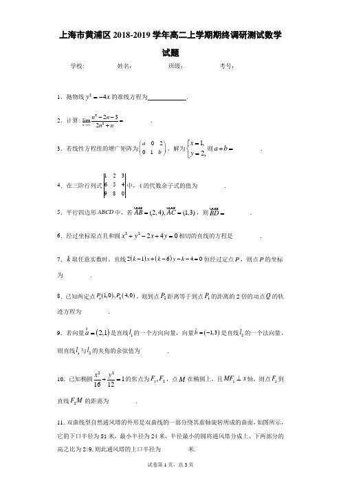 上海市黄浦区2018-2019学年高二上学期期终调研测试数学试题