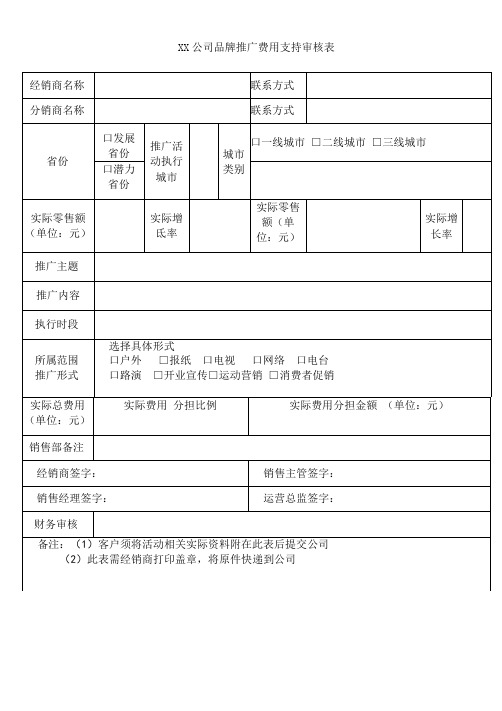 XX公司品牌推广费用支持审核表