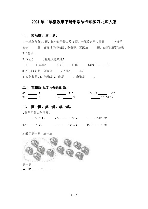 2021年二年级数学下册乘除法专项练习北师大版