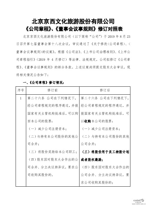 北京京西文化旅游股份有限公司《公司章程》、《董事会议事规则》修订对照表