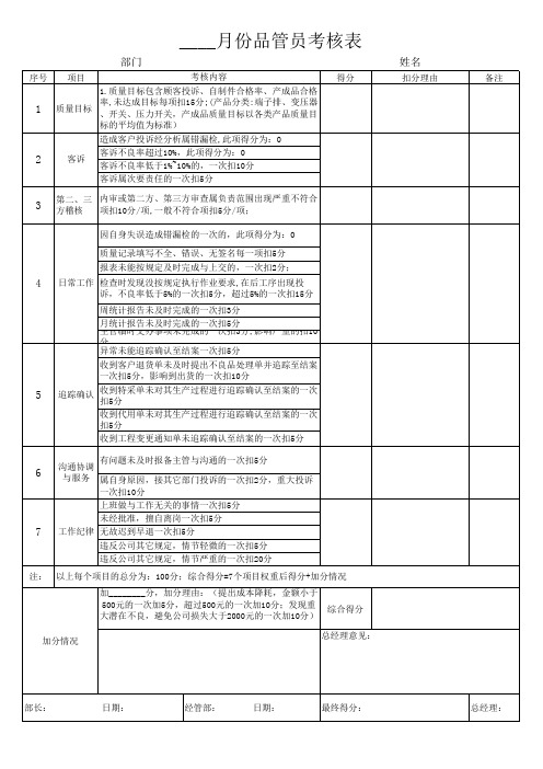 质量部考核表