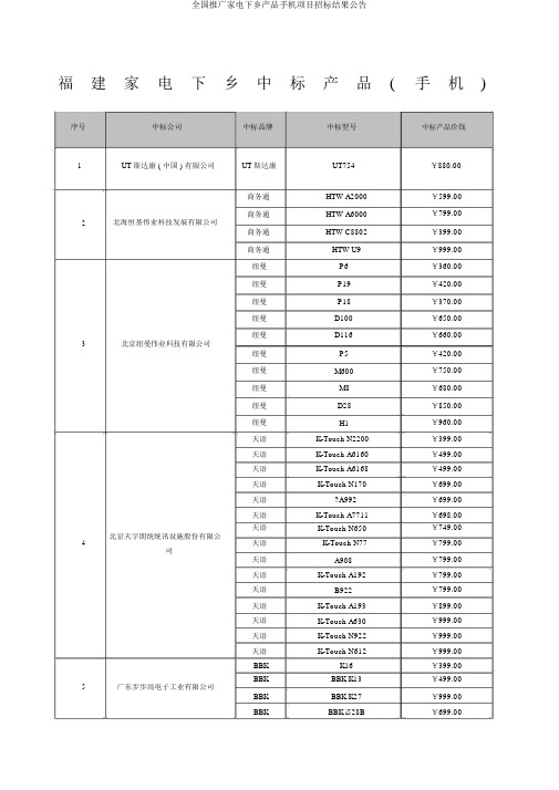 全国推广家电下乡产品手机项目招标结果公告