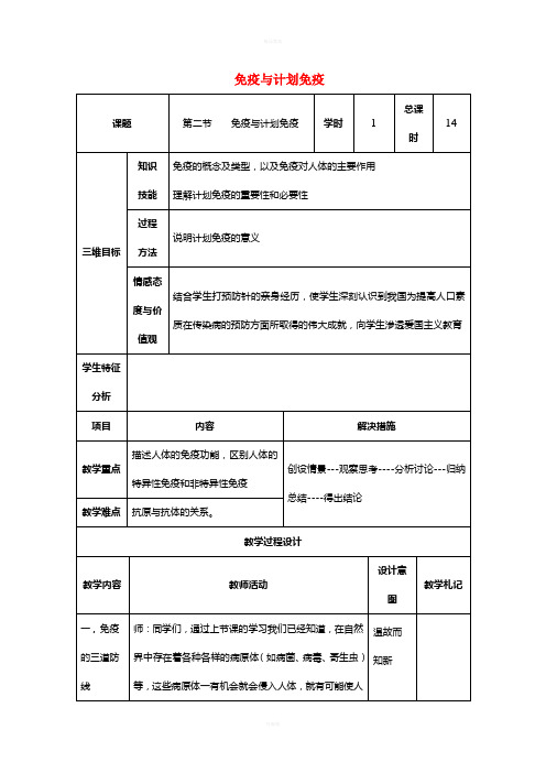 八年级生物下册 8_1_2 免疫与计划免疫教案 新人教版