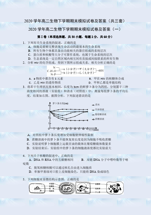 2020学年高二生物下学期期末模拟试卷及答案(共三套)