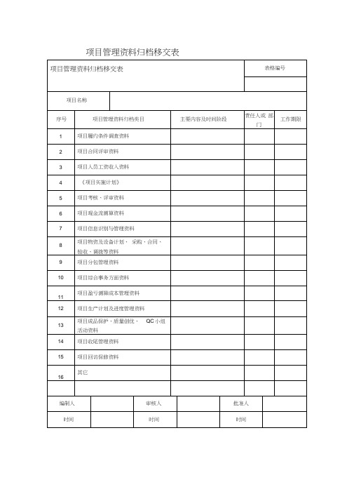 项目管理资料归档移交表