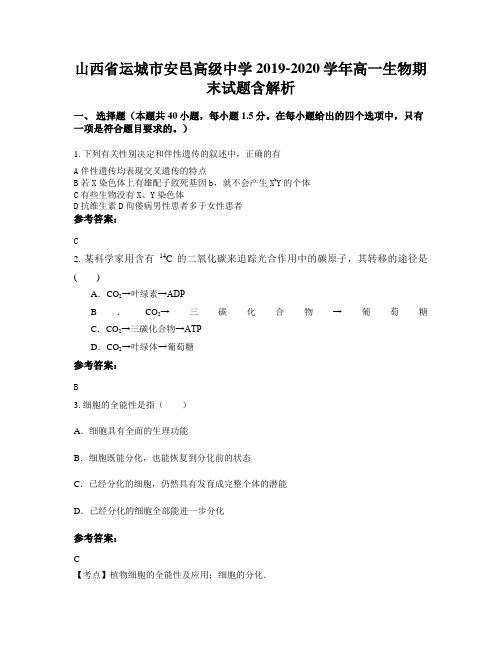 山西省运城市安邑高级中学2019-2020学年高一生物期末试题含解析
