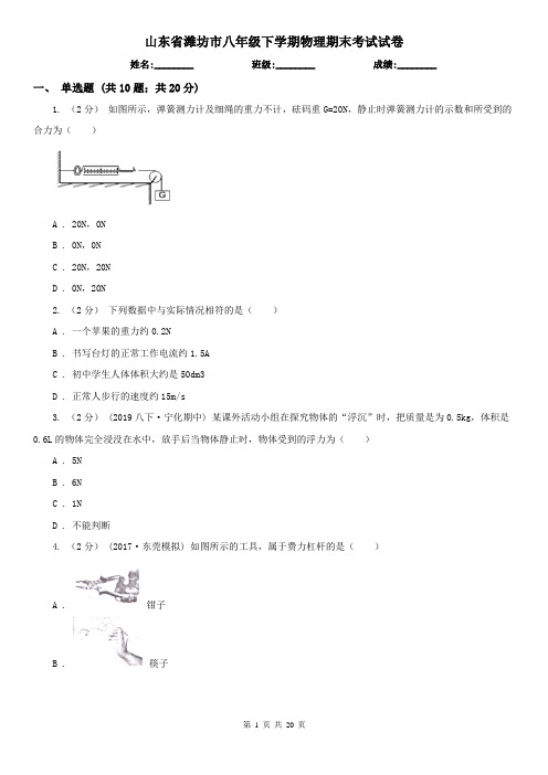 山东省潍坊市八年级下学期物理期末考试试卷