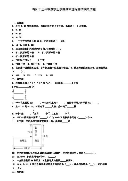 绵阳市三年级数学上学期期末达标测试模拟试题