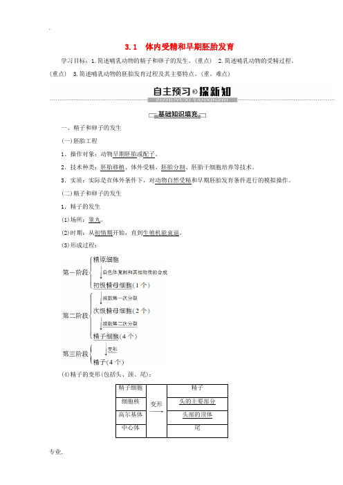 高中生物 专题3 3.1 体内受精和早期胚胎发育教案 新人教版选修3-新人教版高二选修3生物教案