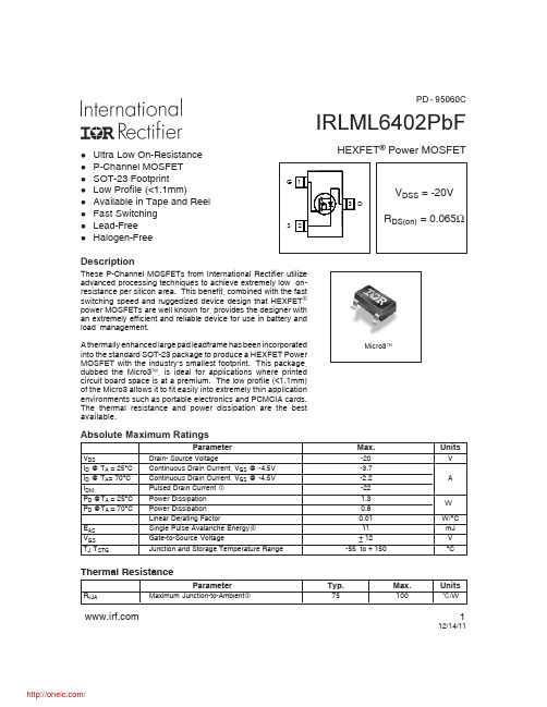 IRLML6402TRPBF;中文规格书,Datasheet资料