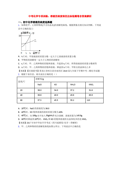 中考化学专项训练：溶液的浓度培优达标检测卷含答案解析