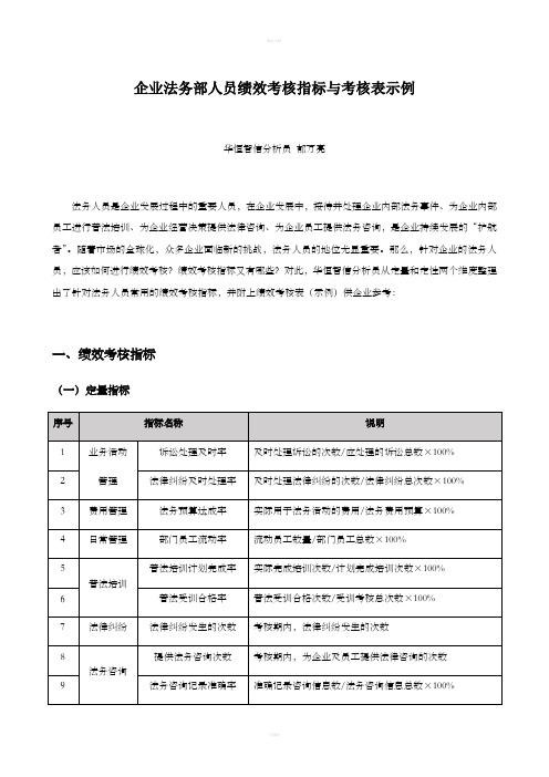 企业法务部人员绩效考核指标与考核表示例