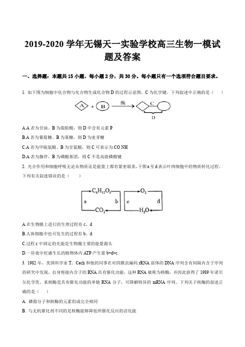 2019-2020学年无锡天一实验学校高三生物一模试题及答案