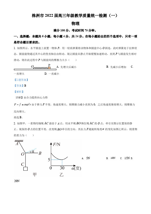 2022届湖南省株洲市高三(上)教学质量统一检测(一模)物理试题(解析版)