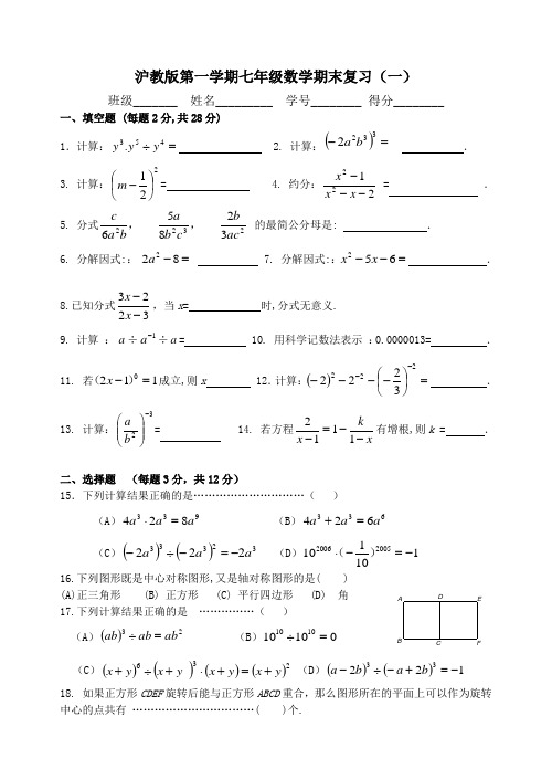 沪教版七年级数学上册期末复习题