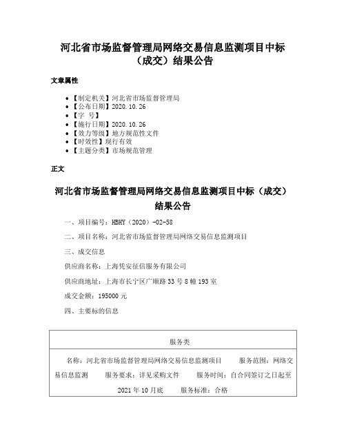 河北省市场监督管理局网络交易信息监测项目中标（成交）结果公告