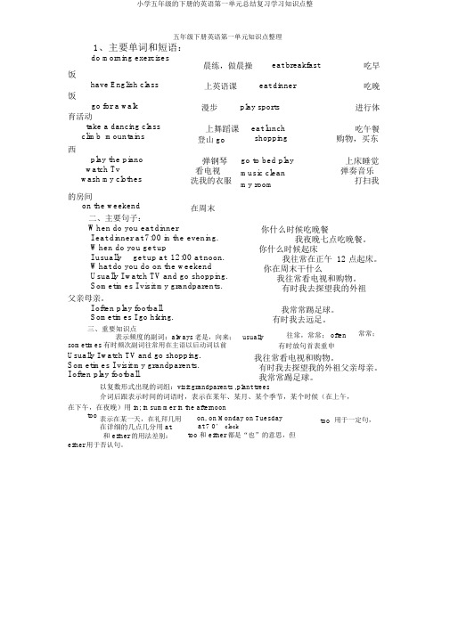 小学五年级的下册的英语第一单元总结复习学习知识点整