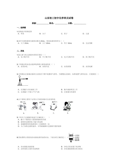 山东初三初中化学单元试卷带答案解析
