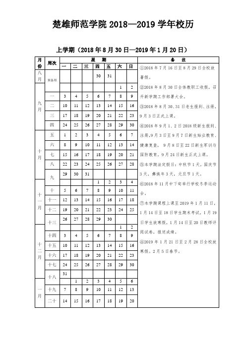 楚雄师范学院20182019学年校历