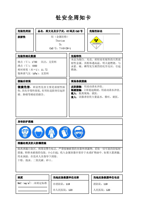 钍安全周知卡、职业危害告知卡、理化特性表