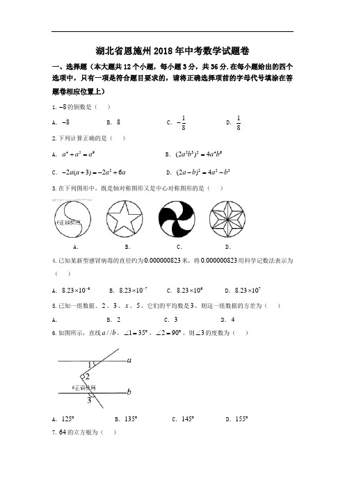 恩施州2018年中考数学试题(含答案)