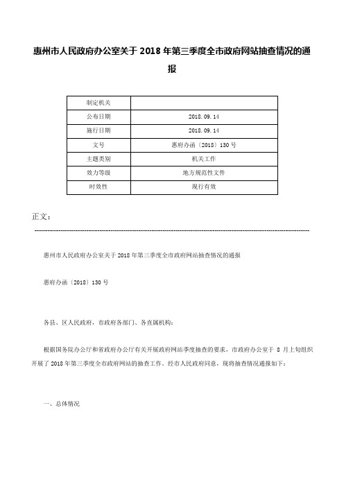 惠州市人民政府办公室关于2018年第三季度全市政府网站抽查情况的通报-惠府办函〔2018〕130号