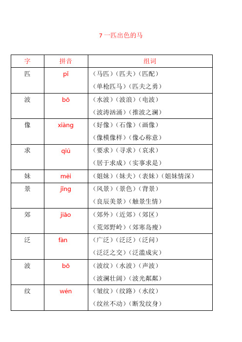 最新人教版二年级语文下册7《一匹出色的马》组词