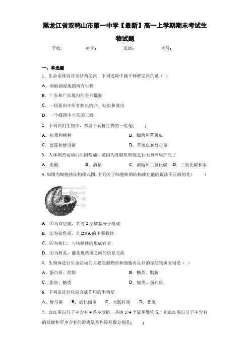 黑龙江省双鸭山市第一中学【最新】高一上学期期末考试生物试题