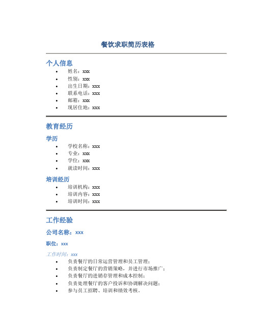 餐饮求职简历表格