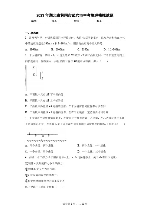 2023年湖北省黄冈市武穴市中考物理模拟试题含答案解析