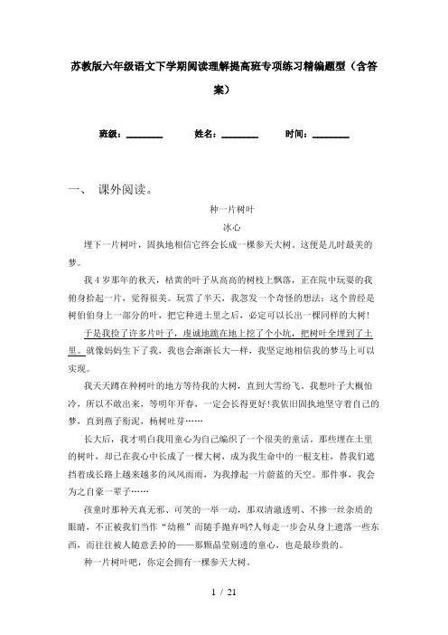 苏教版六年级语文下学期阅读理解提高班专项练习精编题型(含答案)