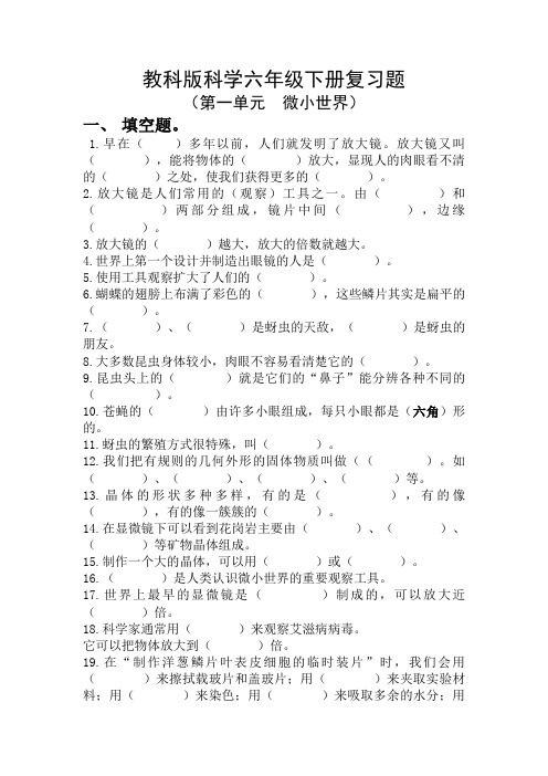 科教版六年级下册科学第一单元微小世界练习题 (含答案)