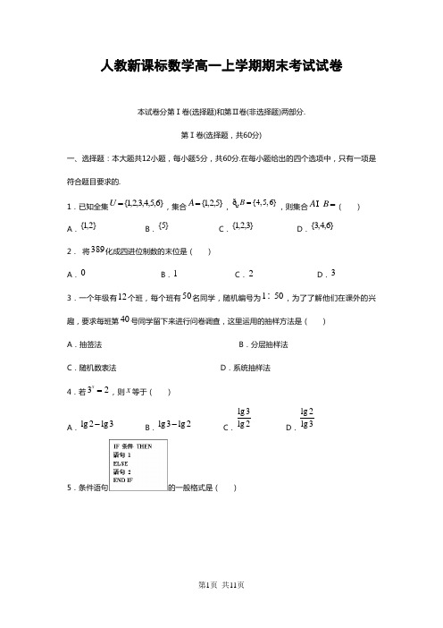 人教新课标数学高一上学期期末考试试卷(4)