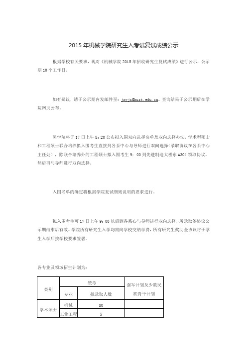 华中科技大学2015年机械学院研究生入考试复试成绩公示