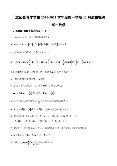 安徽省定远县育才学校2020-2021学年高一上学期11月质量检测数学试卷Word版含答案