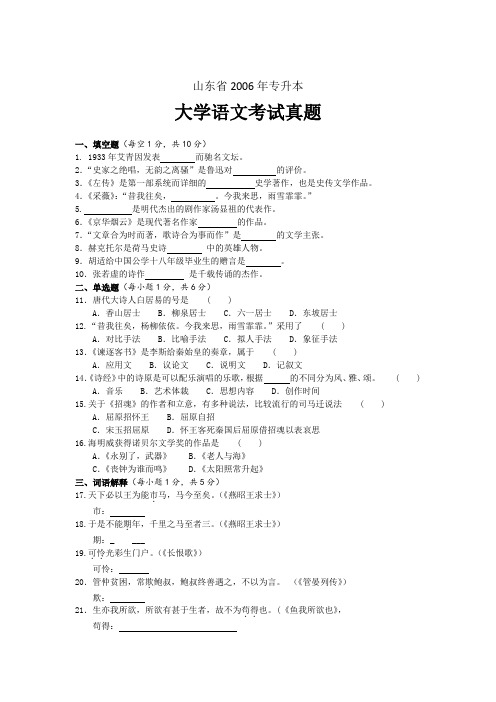 2006年山东省专升本大学语文考试真题