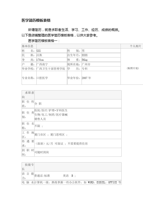 医学简历模板表格