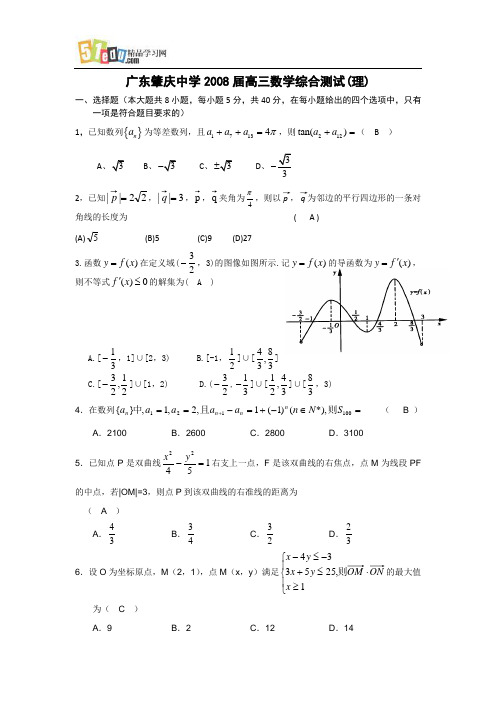 广东肇庆中学2008届高三数学综合测试(理)