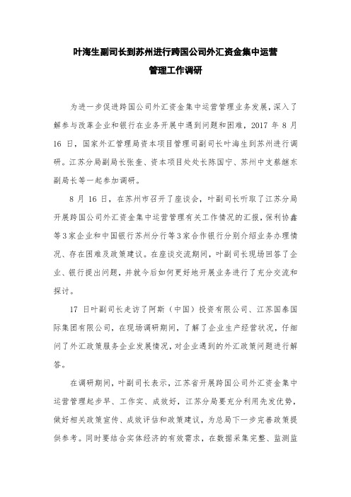 叶海生副司长到苏州进行跨国公司外汇资金集中运营