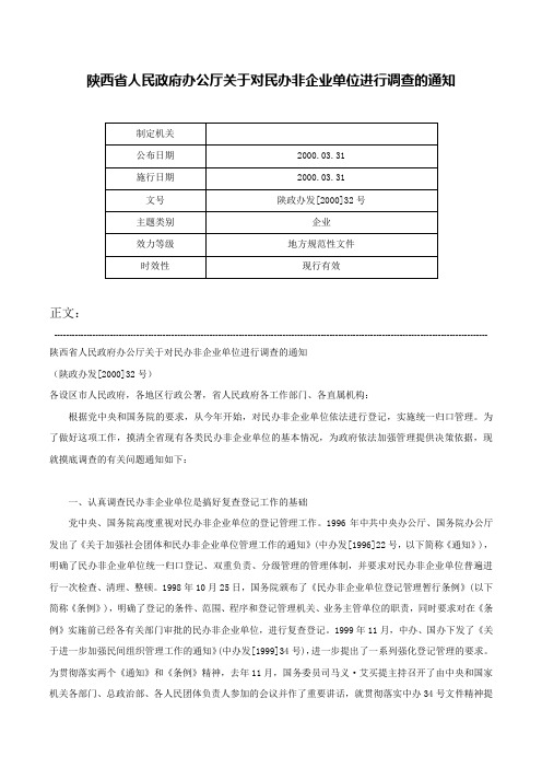 陕西省人民政府办公厅关于对民办非企业单位进行调查的通知-陕政办发[2000]32号