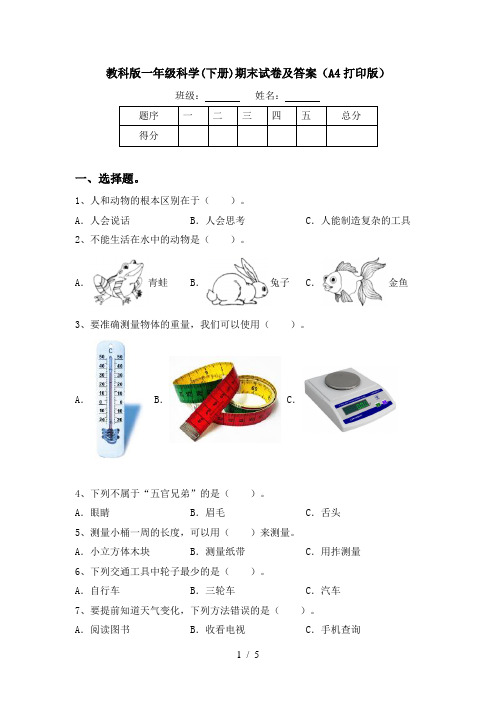 教科版一年级科学(下册)期末试卷及答案(A4打印版)