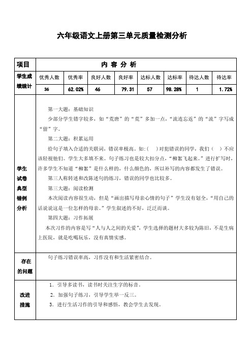 六年级语文上册第三单元质量检测分析