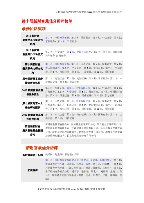 申银万国第十届新财富最佳分析师榜单121203